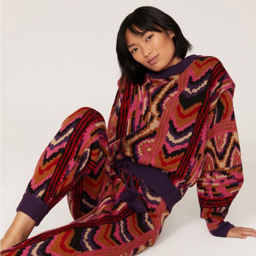 Farm Rio Striped Patchwork Multicolor Zigzag Swea… - image 1